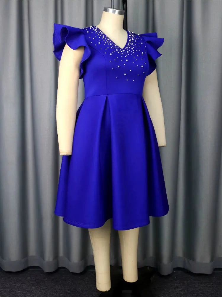 Plus Size Ruffle Sleeve A Line Dress with Pearl Embellished