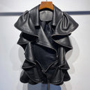 Ruffles Pleated Black Leather Vest