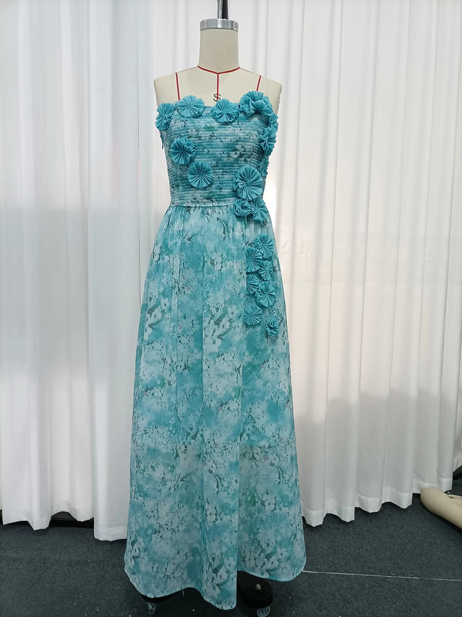 Blue Loose Spliced Flowers Dresses