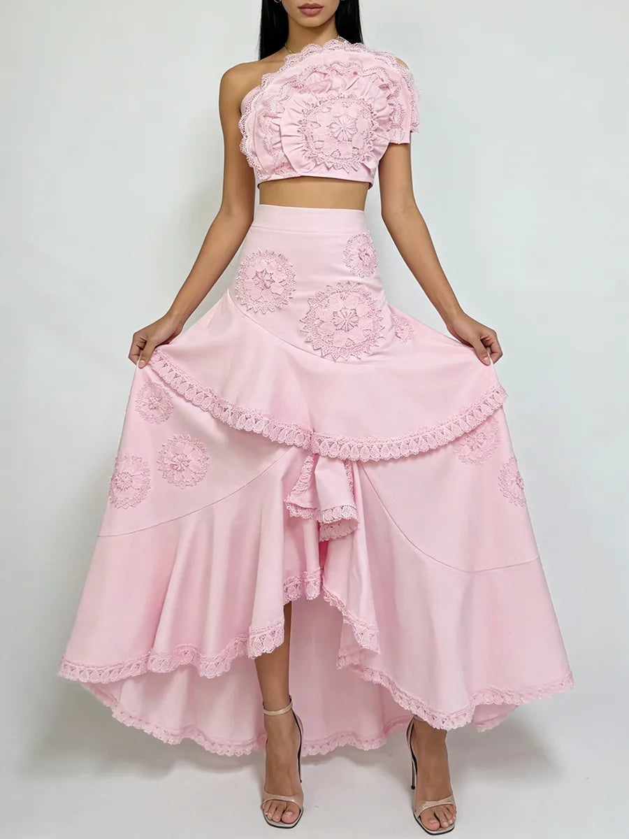 Embroidery Two Piece Ruffles Skirt Sets
