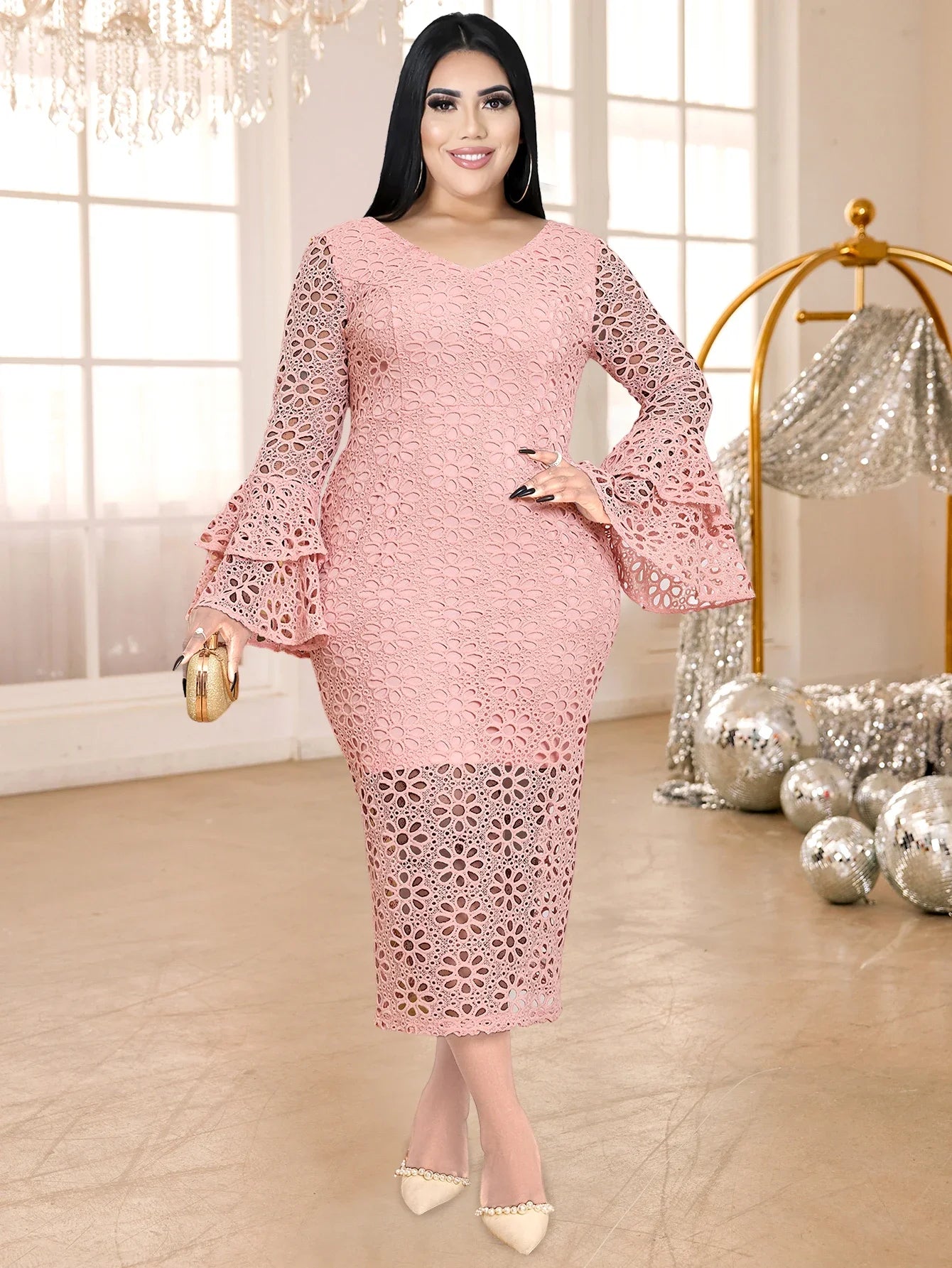 Plus Size Pink Lace Hollow