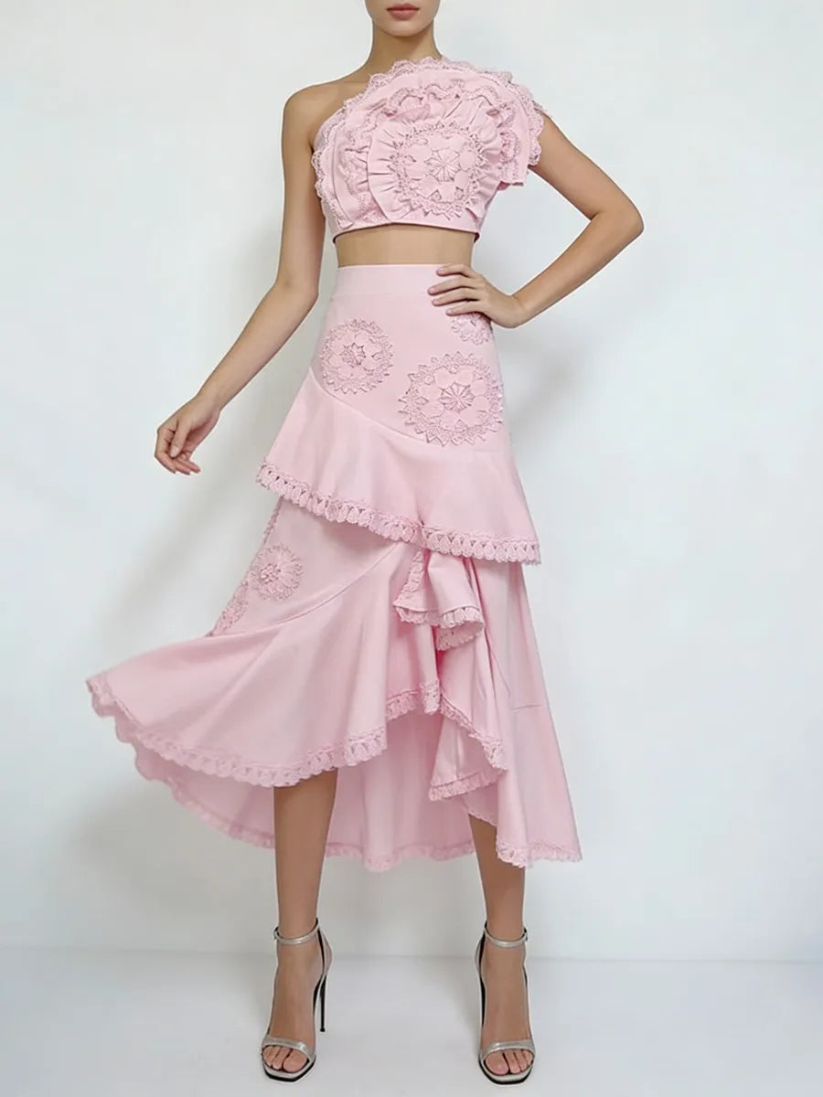 Embroidery Two Piece Ruffles Skirt Sets