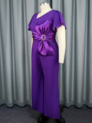 Women Elegant Purple Jumpsuit Asymmetrical Neck Short Sleeve Patchwork Bow High Waist Wide Leg Rompers Plus Size 4XL One Piece