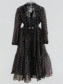 Printed Sheer Spliced Belt  Dresses