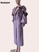 Long Ruffled Purple Leather Trench Coat