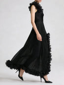 Black Spliced Fungus Folds Irregular Long Dress