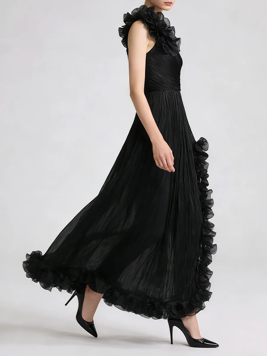 Black Spliced Fungus Folds Irregular Long Dress