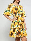 Sunflower Print Folds Dresses