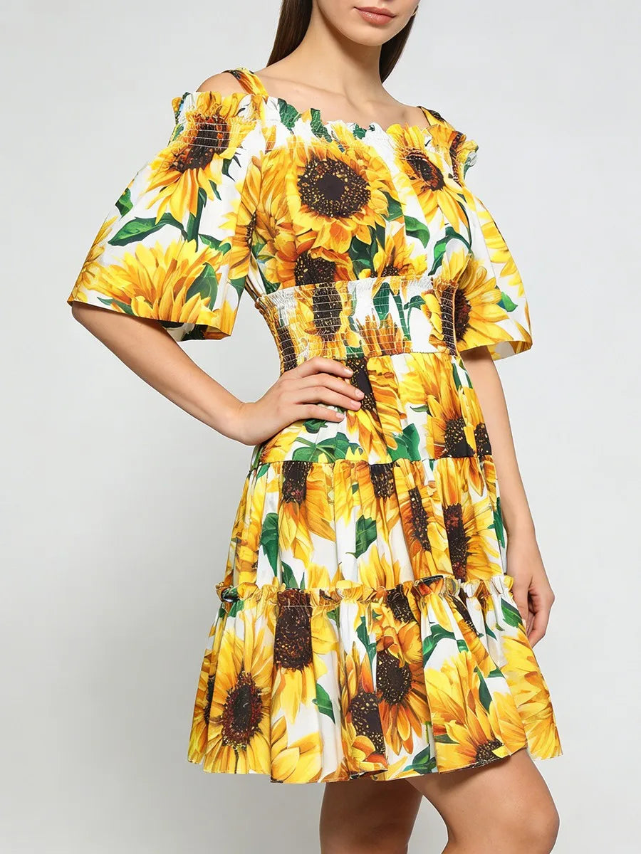 Sunflower Print Folds Dresses