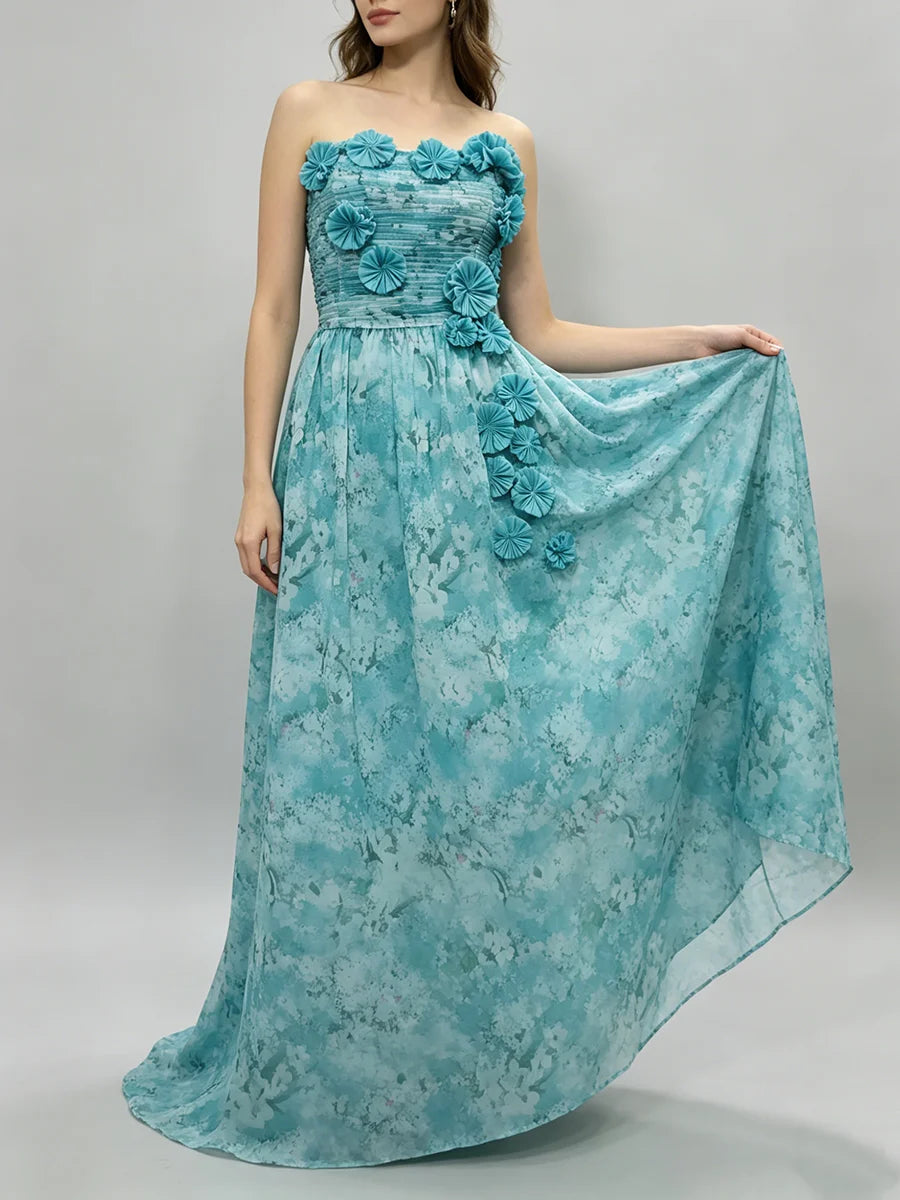 Blue Loose Spliced Flowers Dresses