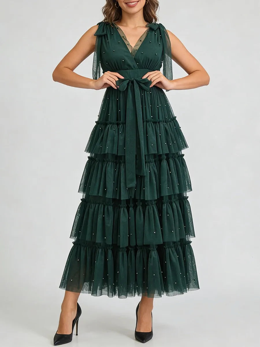 Spliced Ruffles Folds Long Dresses