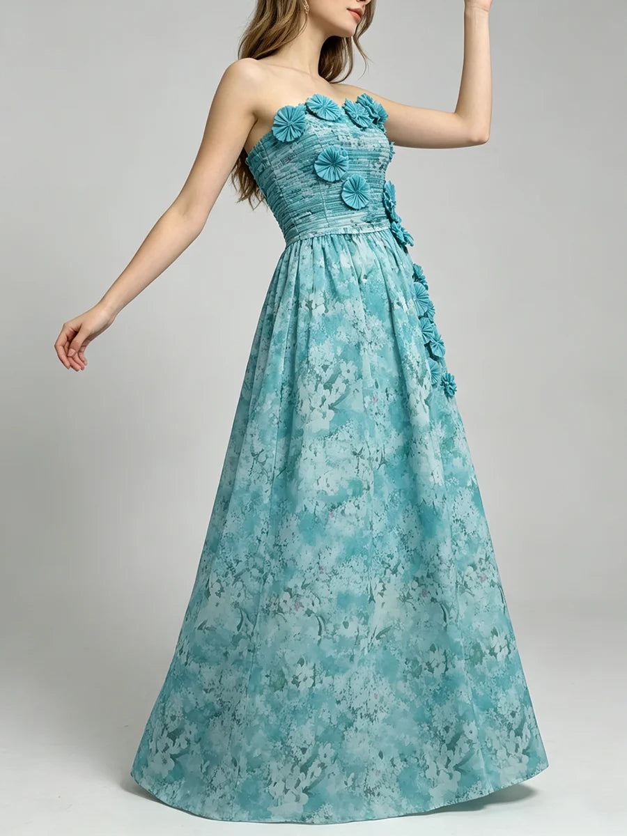 Blue Loose Spliced Flowers Dresses