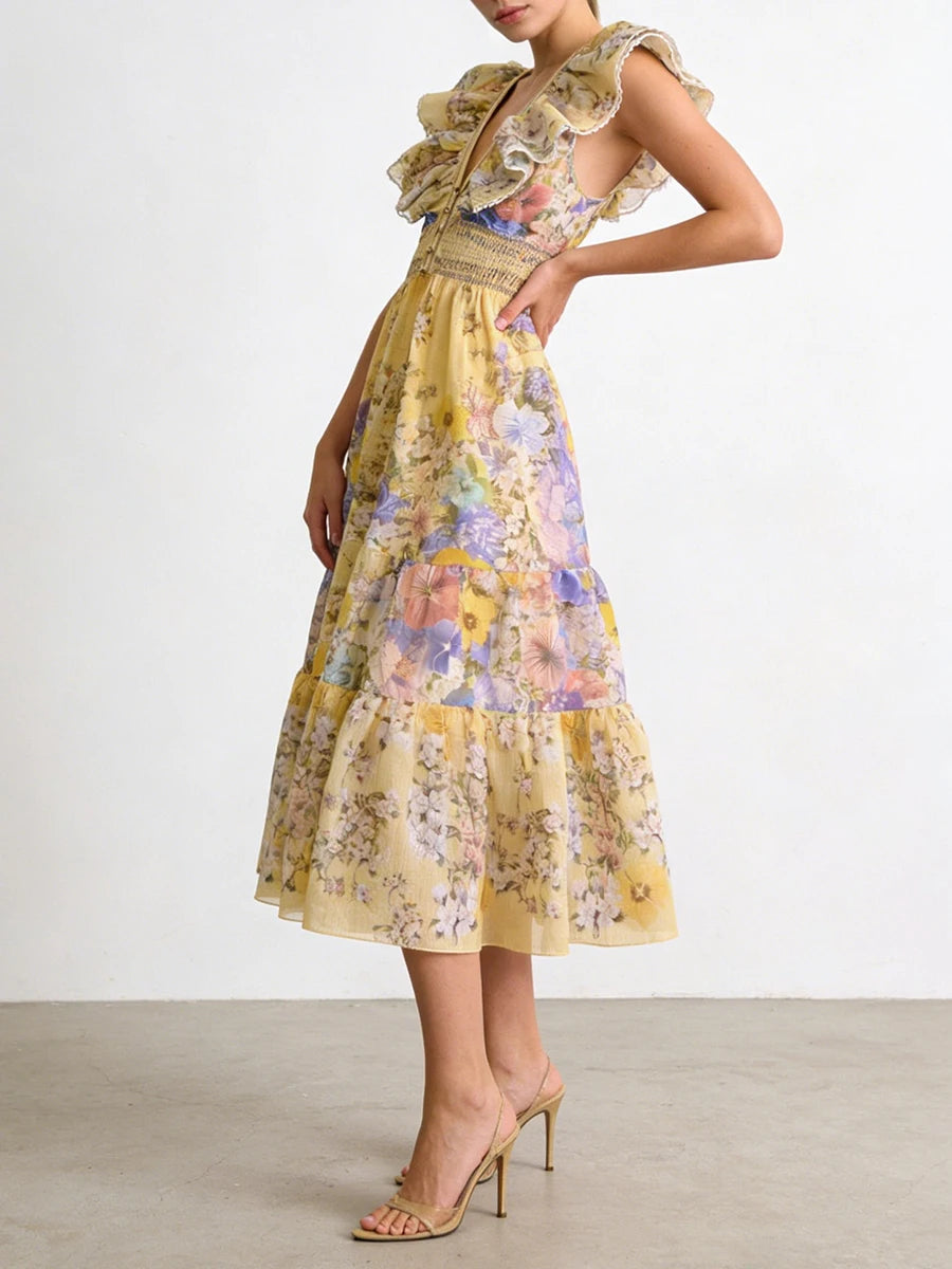 Printing Spliced Ruffles Folds Long Dresses