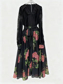 Printing Sheer Spliced Lace Up Dresses