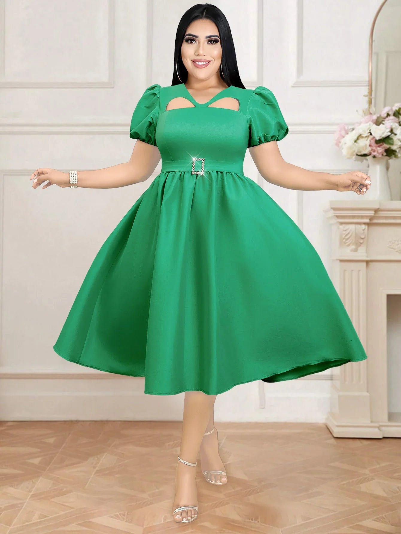 Plus Size Stylish Green Pleated Dress