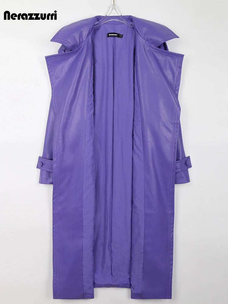 Long Purple Faux Leather Trench Coat