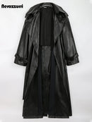 Long Oversized Black Leather Trench Coat