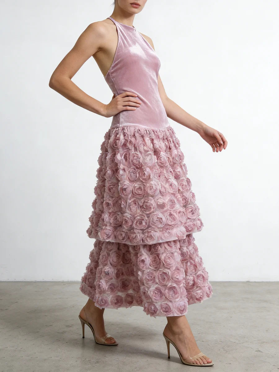 Pink Loose Spliced 3D Flower Chic Dresses