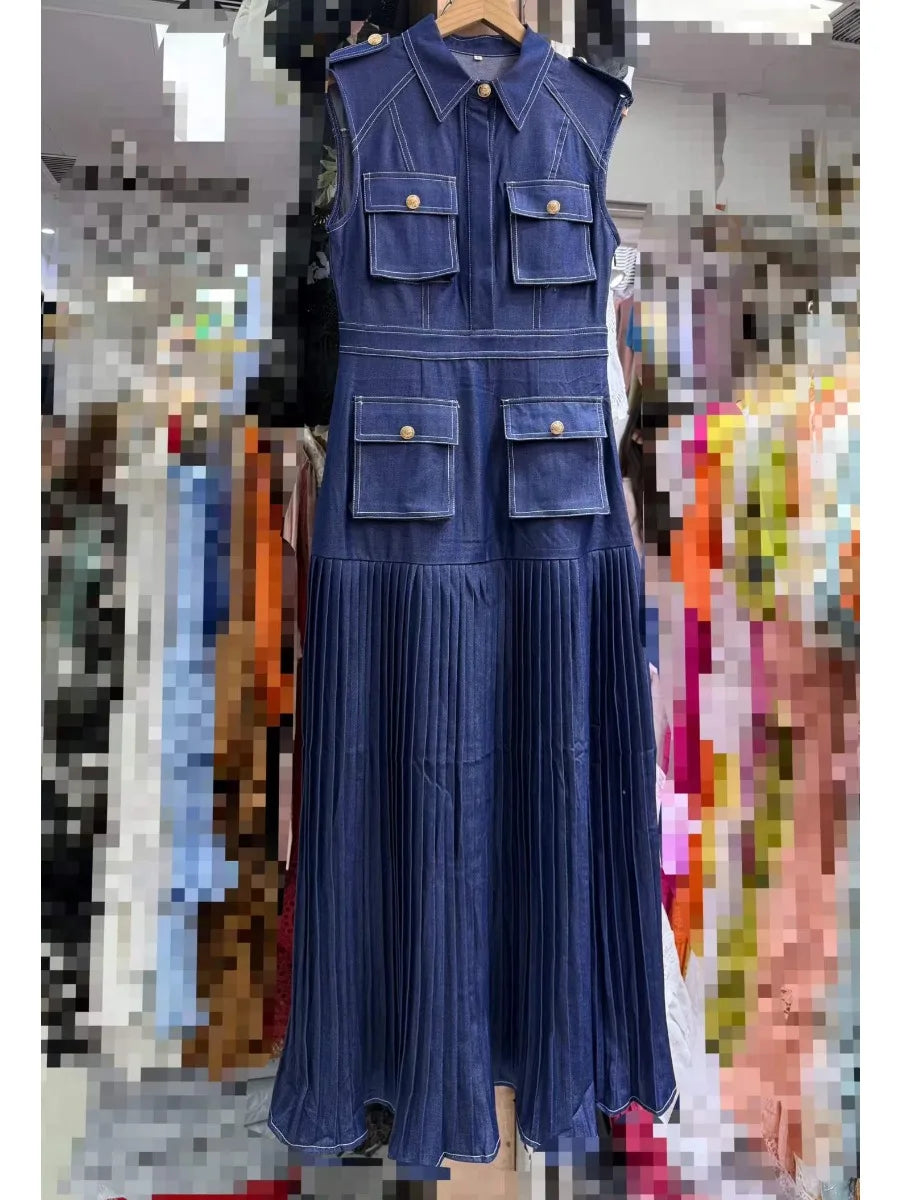 Patchwork Pockets Denim Dress
