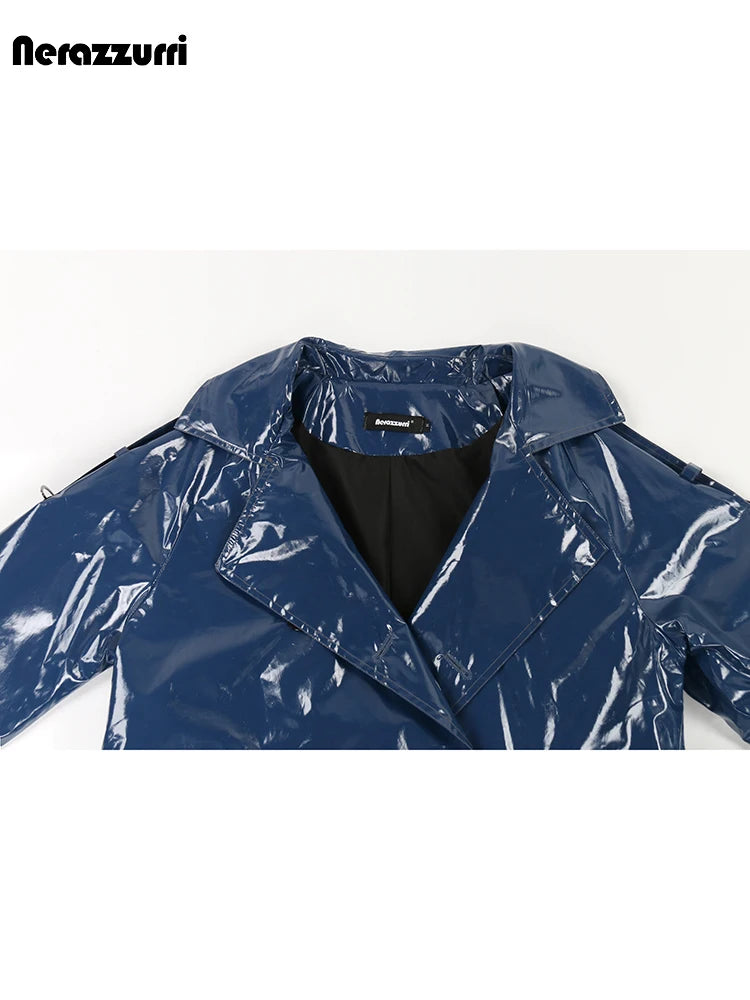 Blue & Soft Patent Faux Leather Trench Coat f