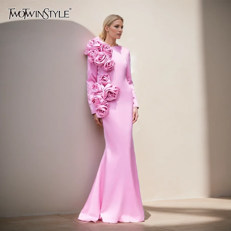 Solid Spliced Appliqués Long Dress
