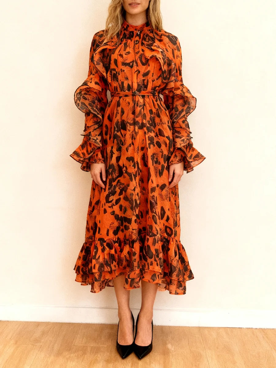 Leopard Spliced Ruffles Folds Dresses