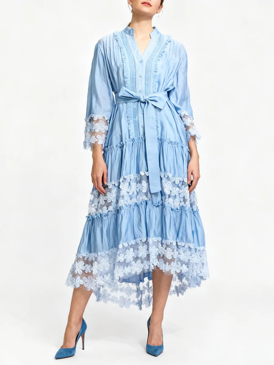 Hit Color Sheer Spliced Appliqués Dresses