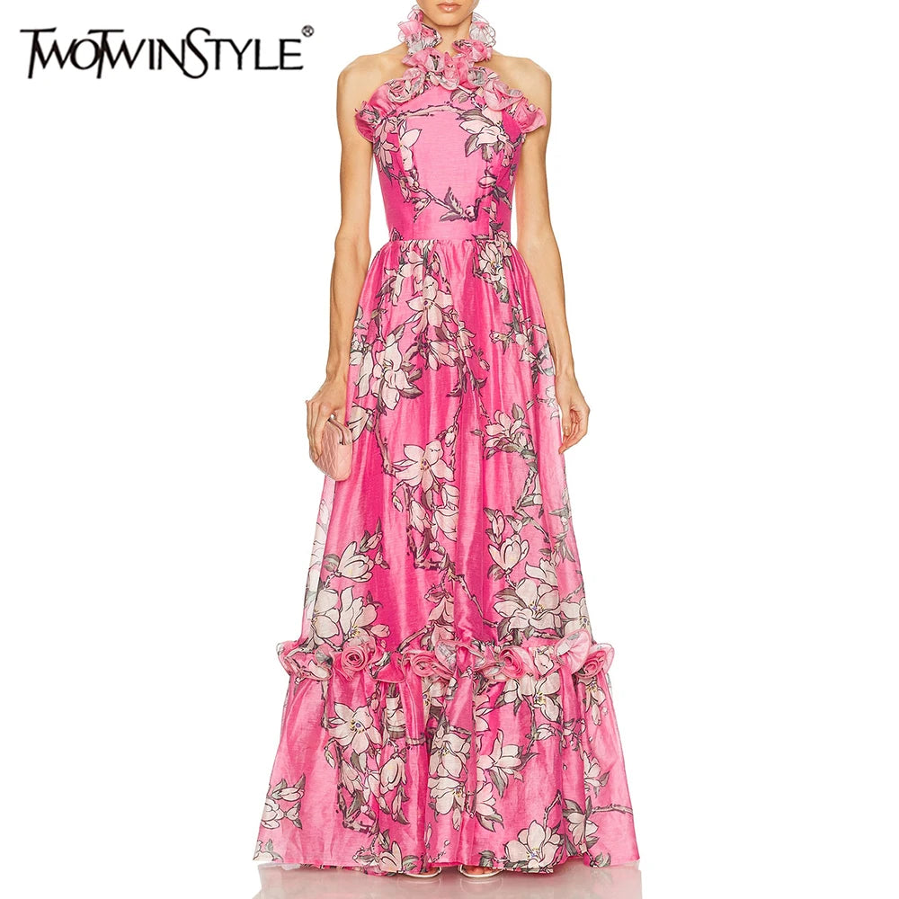 Rose Printing Spliced 3D Flower Dress