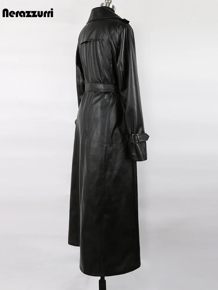 Extra Long Waterproof Black Leather Coat