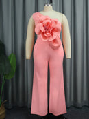 Plus Size Flower Appliqués One Shoulder  Jumpsuits
