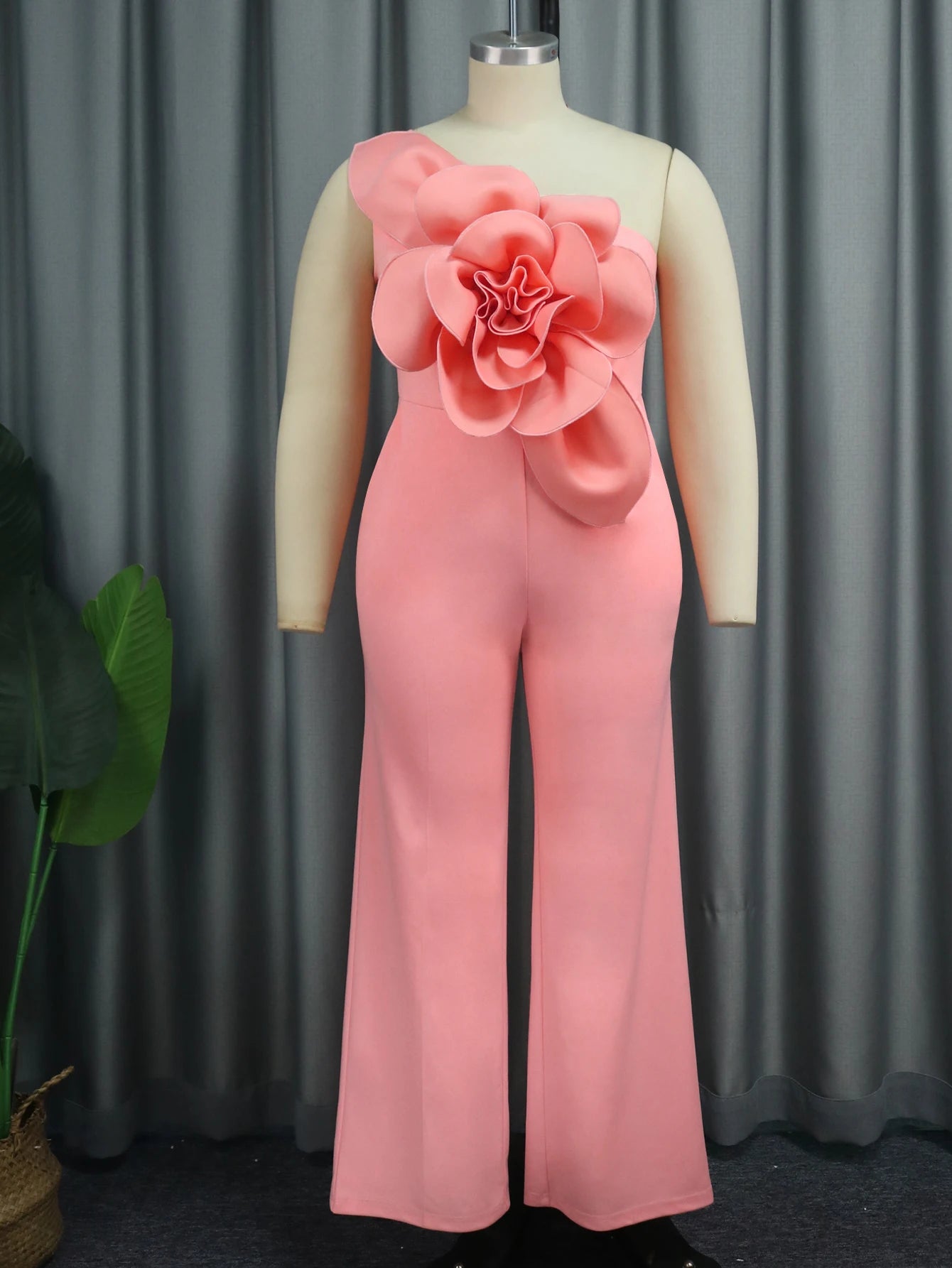 Plus Size Flower Appliqués One Shoulder  Jumpsuits