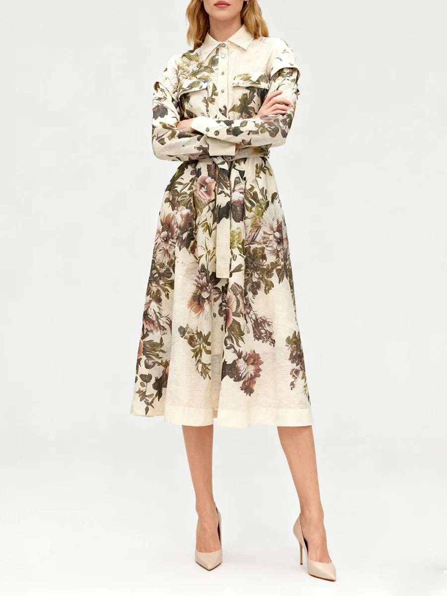 Hit Color Printing Spliced Lace Up Dresses