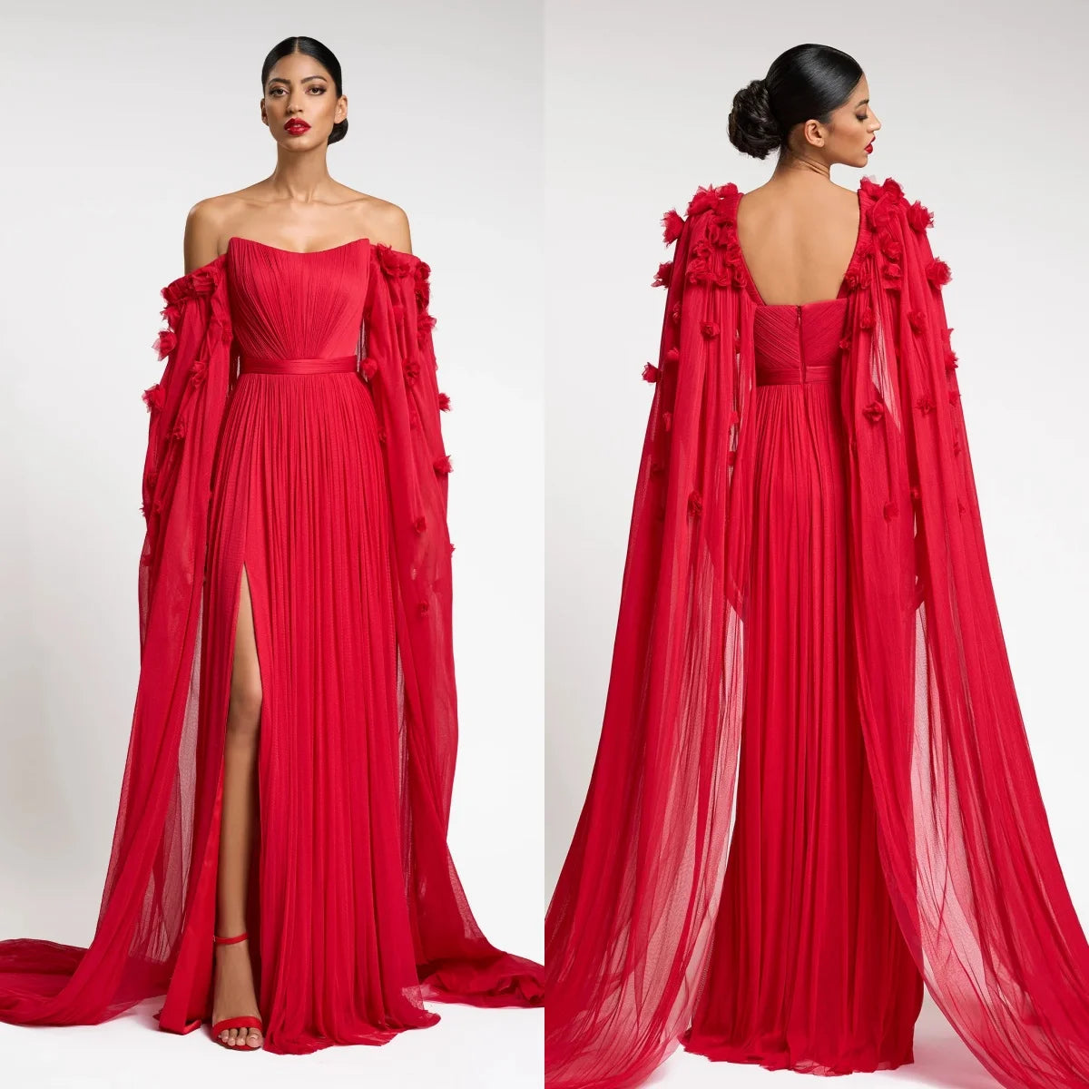 Vintage Red Women Evening Dresses Floral Appliques Sleeveless Chiffon Prom Gowns with Long Shawls Customized Wedding Guest Gowns