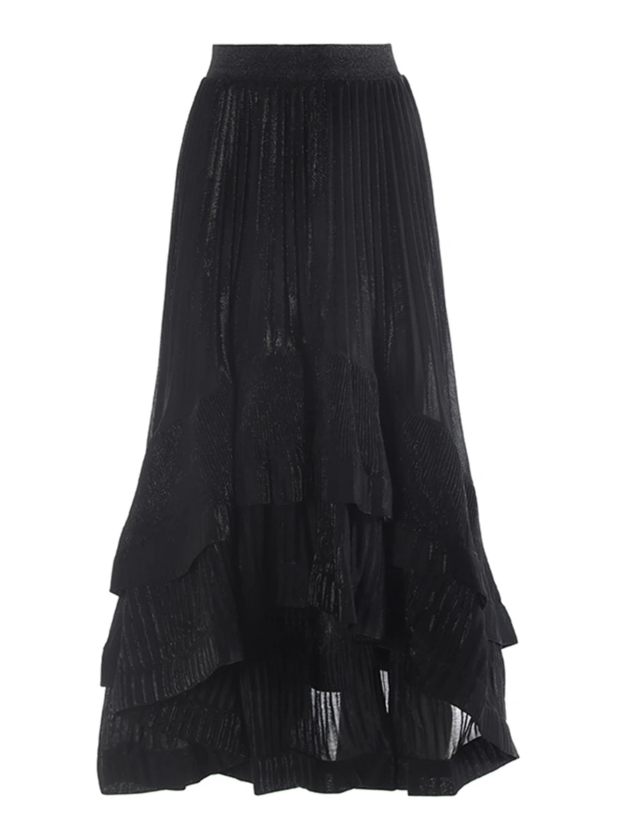 Solid Spliced Ruffles High Street Skirt