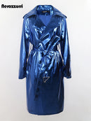 Long Blue Shiny Trench Coat