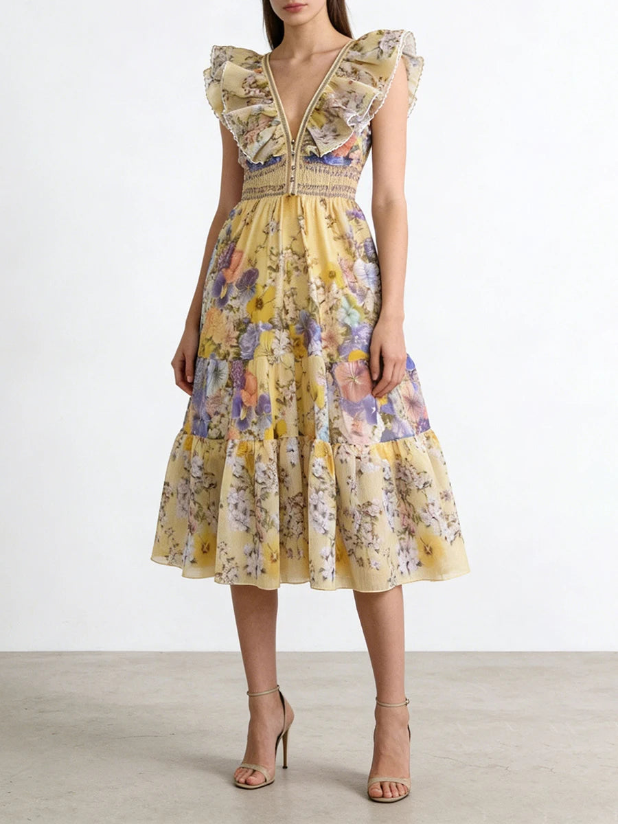 Printing Spliced Ruffles Folds Long Dresses