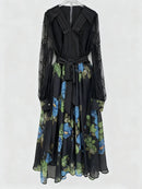 Printing Sheer Spliced Lace Up Dresses