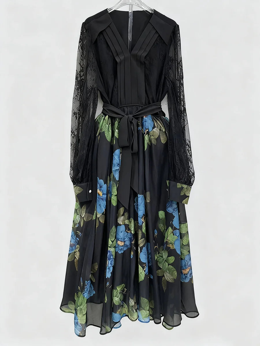 Printing Sheer Spliced Lace Up Dresses