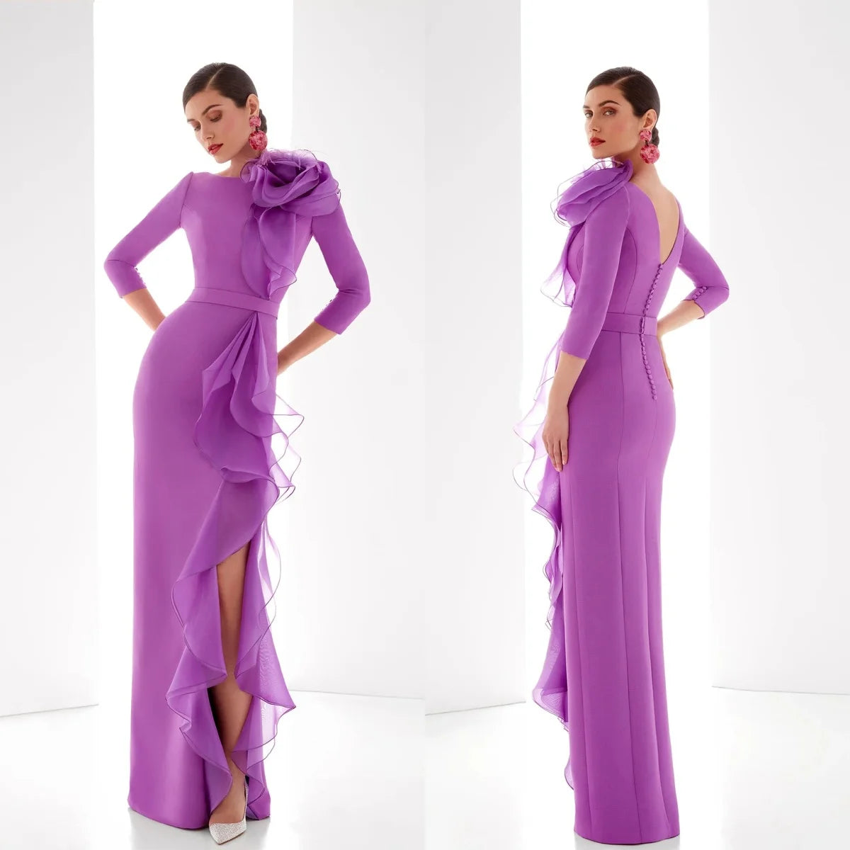Elegant Ruffles 3/4  Evening Sleeves Dress