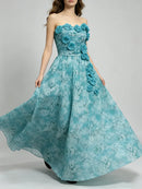 Blue Loose Spliced Flowers Dresses