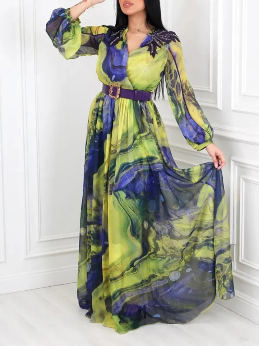 V-Neck Long Sleeves Patchwork Folds Dress