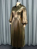 Plus Size Shiny Gold Pleated Maxi Dress