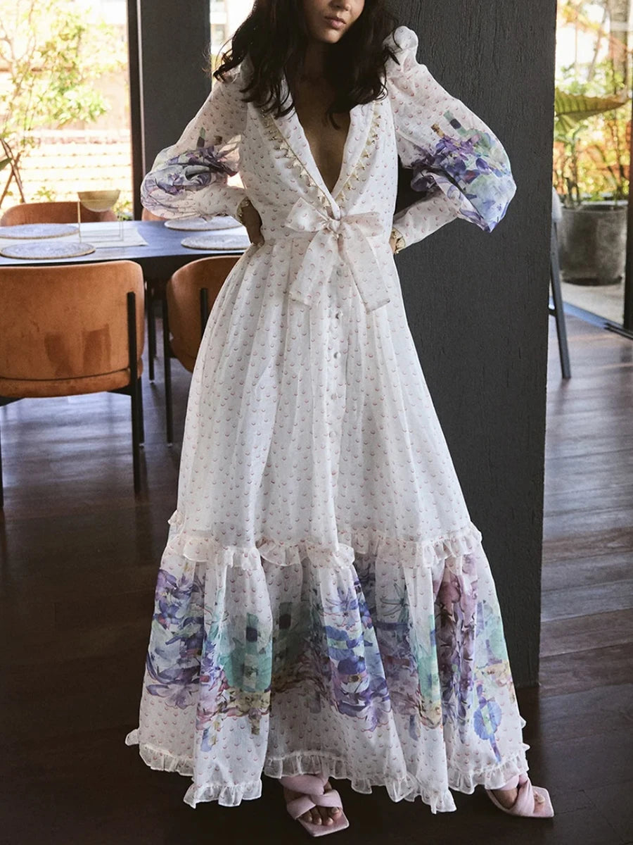 Printing Loose Spliced Wave Point Casual Dresses