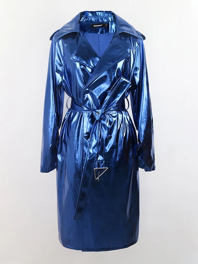 Long Blue Shiny Trench Coat