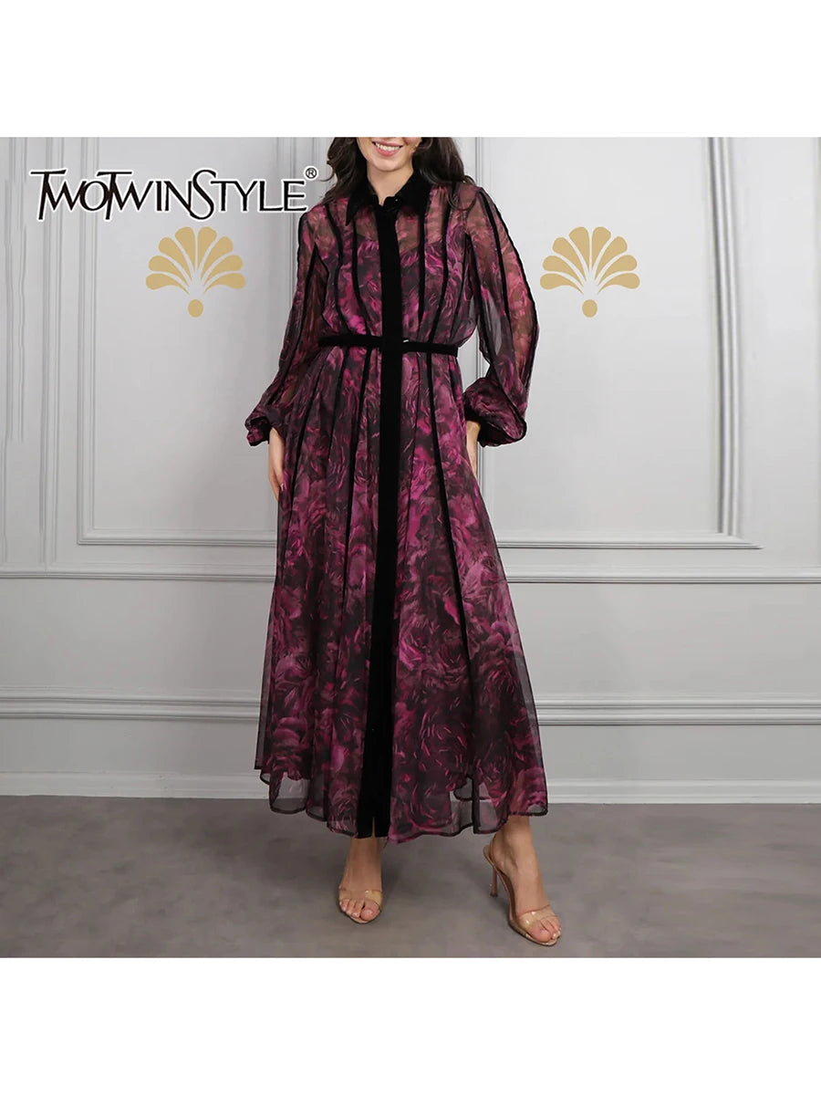 Sheer Spliced Belt Casual Dresses