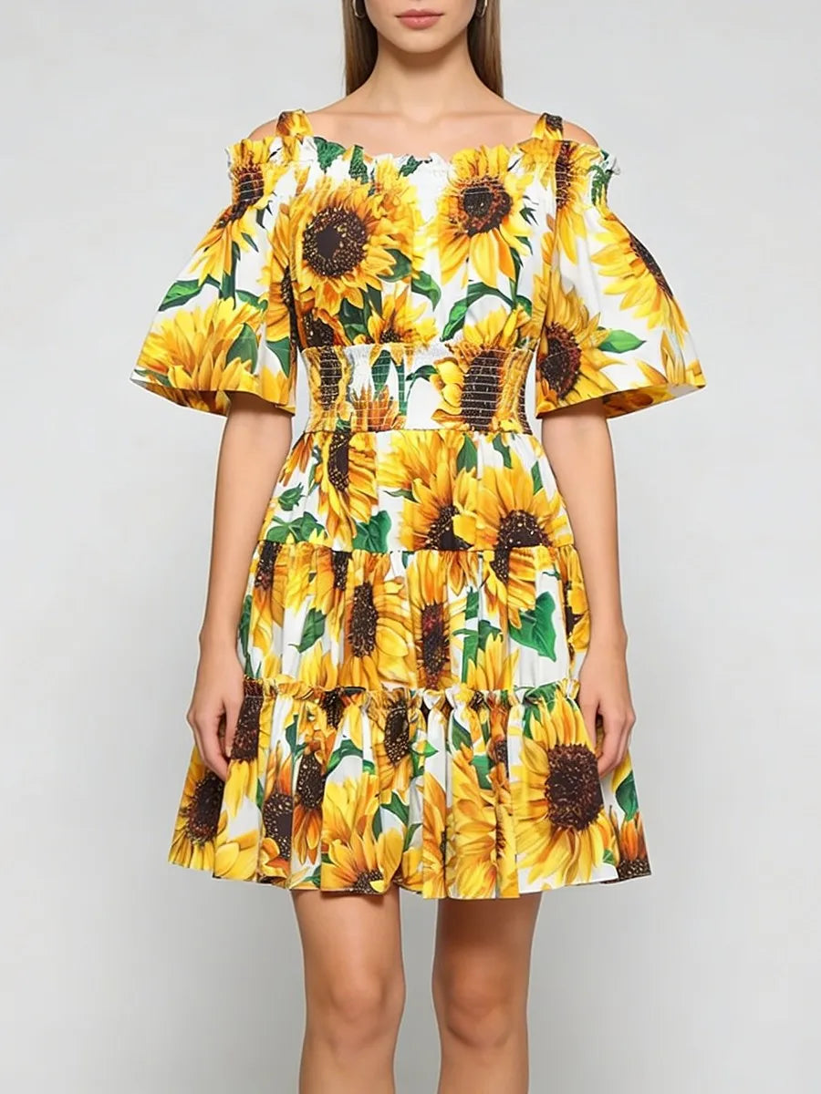 Sunflower Print Folds Dresses