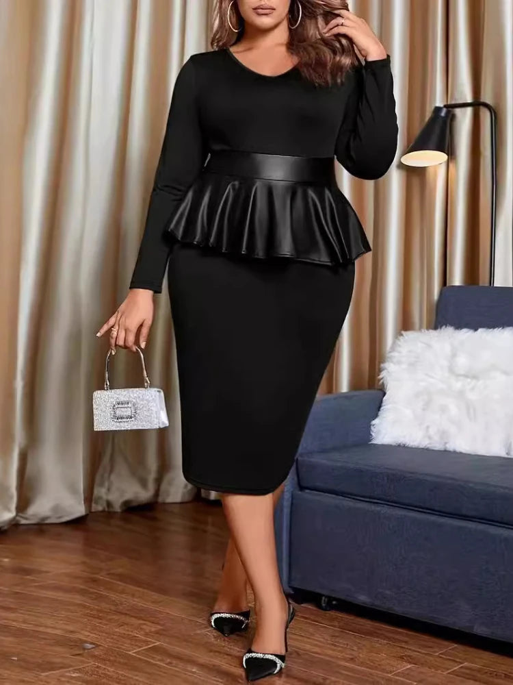 Plus Size Black Tight Ruffle Edge Dress