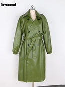 Long Green Hard Leather Trench Coat