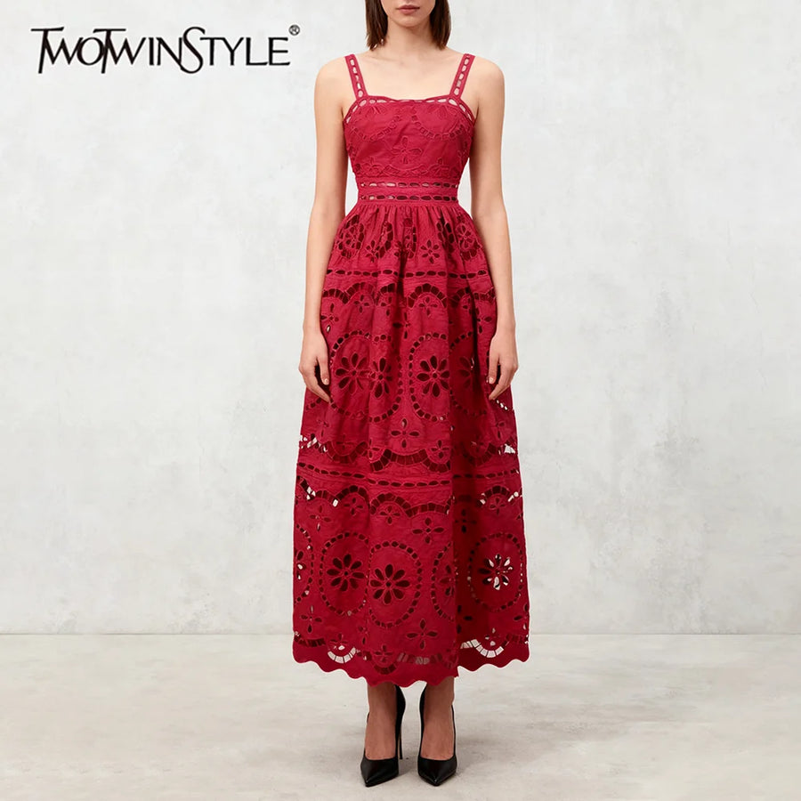 Solid Hollow Out Spliced Folds Dress