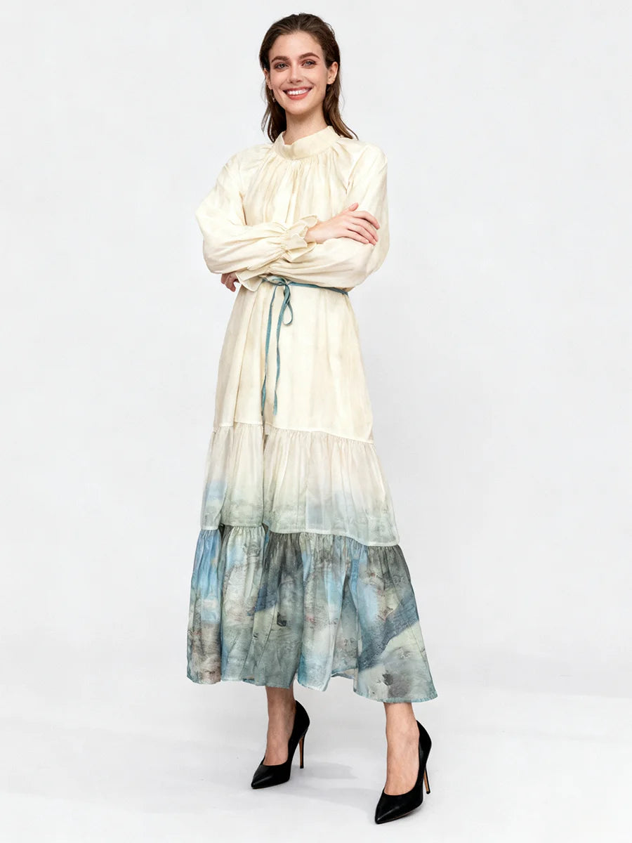 Gradient Loose Spliced Lace Up Dresses